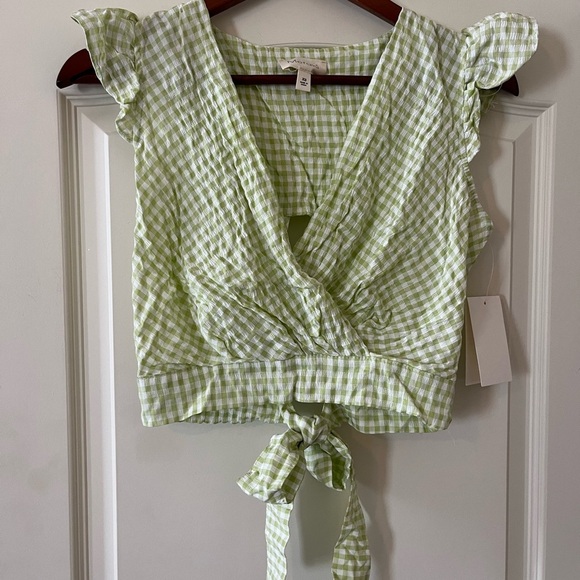 Meraki New Light Green & White Plaid Open Back Wrap Top Size XS - Picture 4 of 8